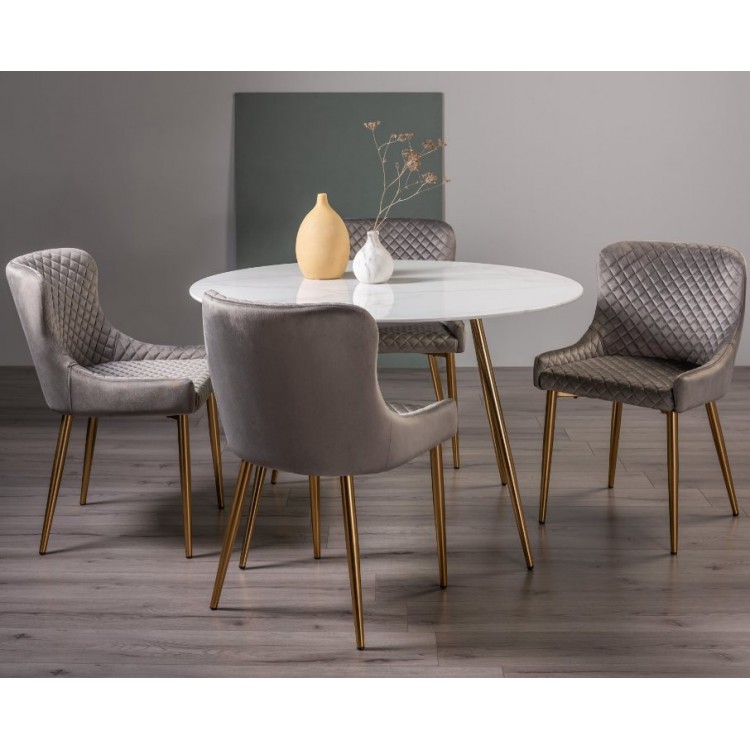Bentley Designs Francesca White Marble Effect Tempered Glass 4 Seater Dining Table With 4 Cezanne Grey Velvet Fabric Chairs