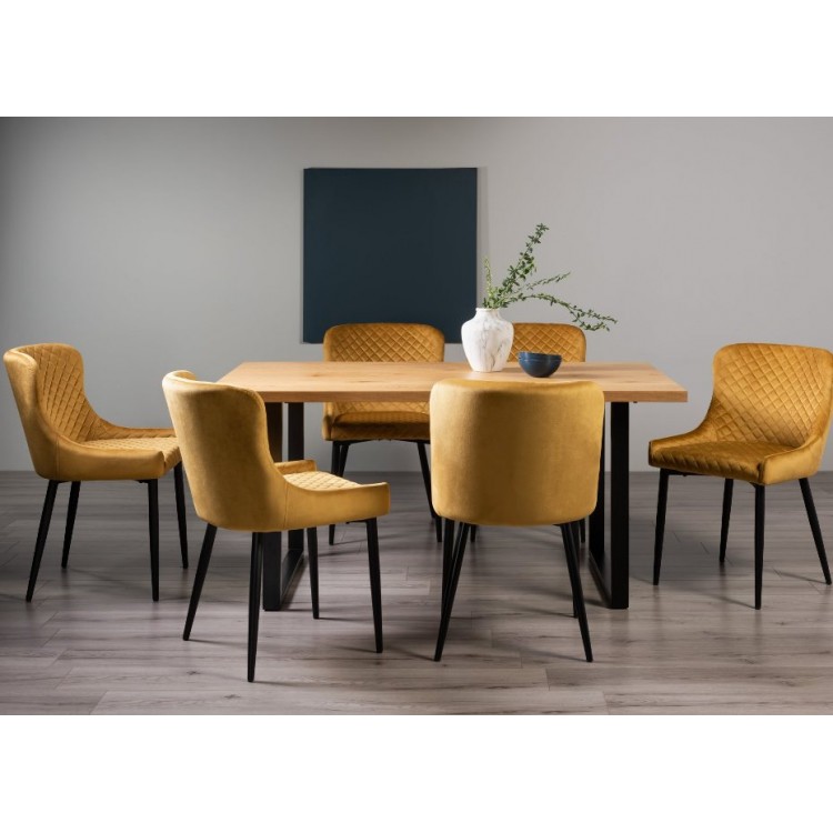 Bentley Designs Ramsay Rustic Oak Effect Melamine 6 Seater U Leg Dining Table With 6 Cezanne Mustard Velvet Fabric Chairs