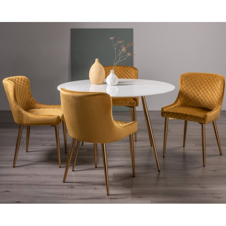 Bentley Designs Francesca White Marble Effect Tempered Glass 4 Seater Dining Table With 4 Cezanne Mustard Velvet Fabric Chairs