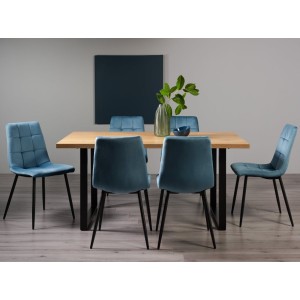 Bentley Designs Ramsay Rustic Oak Effect Melamine 6 Seater U Leg Dining Table With 6 Mondrian Petrol Blue Velvet Fabric Chairs Bentley Designs Ramsay Rustic Oak Effect Melamine 6 Seater U Leg Dining Table With 6 Mondrian Petrol Blue Velvet Fabric Chairs