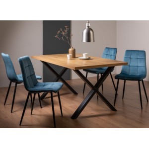 Bentley Designs Ramsay Rustic Oak Effect Melamine 6 Seater X Leg Dining Table With 4 Mondrian Petrol Blue Velvet Fabric Chairs Bentley Designs Ramsay Rustic Oak Effect Melamine 6 Seater X Leg Dining Table With 4 Mondrian Petrol Blue Velvet Fabric Chairs