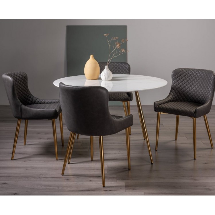 Bentley Designs Francesca White Marble Effect Tempered Glass 4 Seater Dining Table With 4 Cezanne Dark Grey Faux Leather Chairs