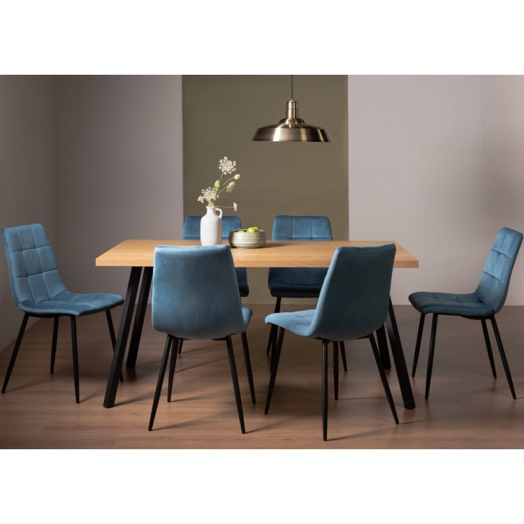 Bentley Designs Ramsay Rustic Oak Effect Melamine 6 Seater Dining Table With 6 Mondrian Petrol Blue Velvet Fabric Chairs