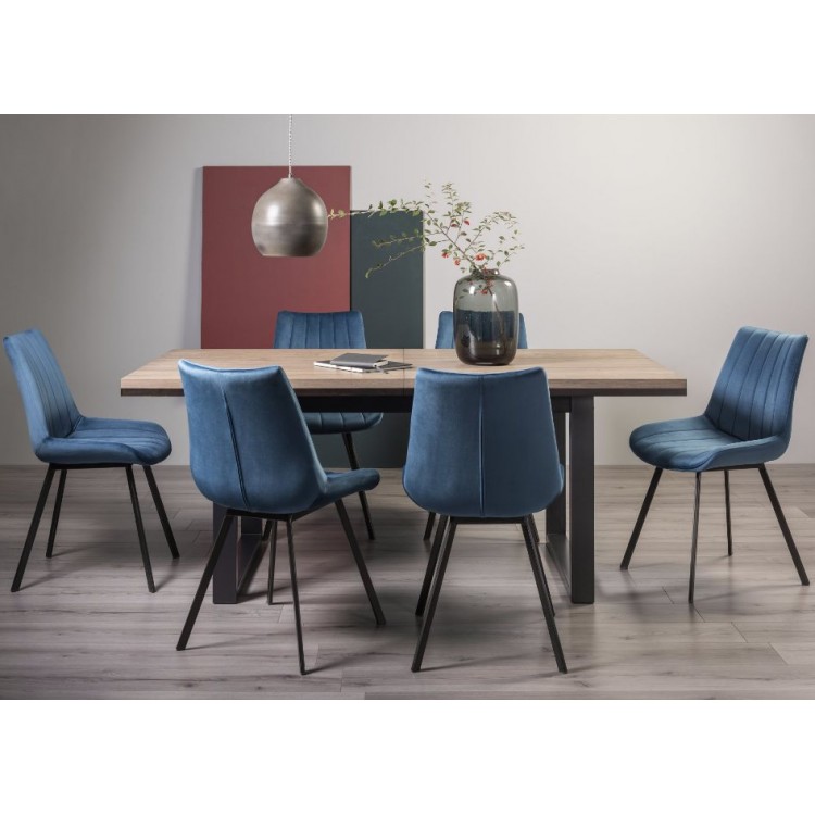 Bentley Designs Tivoli Weathered Oak 6-8 Seater Dining Table With 6 Fontana Blue Velvet Fabric Chairs