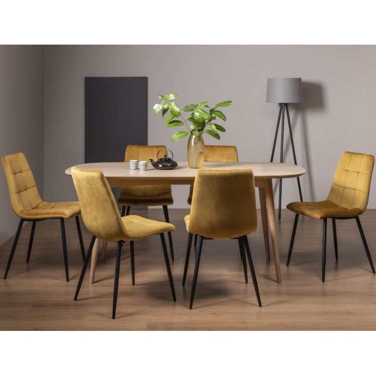 Bentley Designs Dansk Scandi Oak 6 Seater Dining Table With 6 Mondrian Mustard Velvet Fabric Chairs
