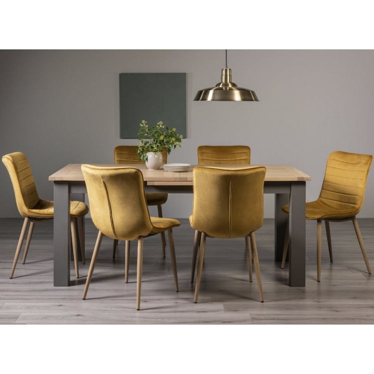 Bentley Designs Oakham Scandi Oak 6-8 Seater Rectangular Dining Table With 6 Eriksen Mustard Velvet Fabric Chairs