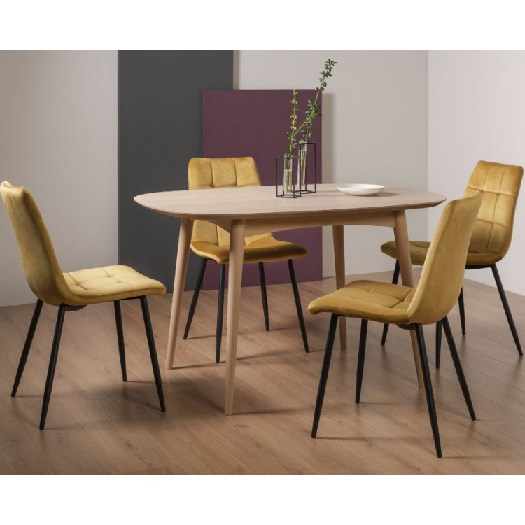 Bentley Designs Dansk Scandi Oak 4 Seater Dining Table With 4 Mondrian Mustard Velvet Fabric Chairs
