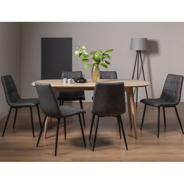Bentley Designs Dansk Scandi Oak 6 Seater Dining Table With 6 Mondrian Dark Grey Faux Leather Chairs
