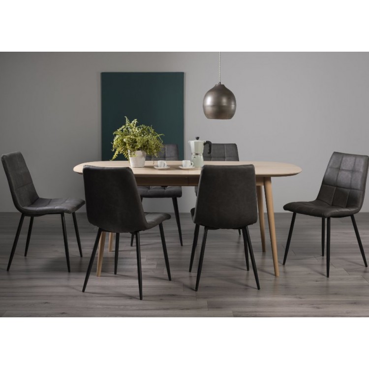 Bentley Designs Dansk Scandi Oak 6-8 Seater Oval Dining Table With 6 Mondrian Dark Grey Faux Leather Chairs