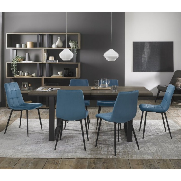 Bentley Designs Tivoli Weathered Oak 6 to 8 Seater Dining Table With 6 Mondrian Petrol Blue Velvet Chairs
