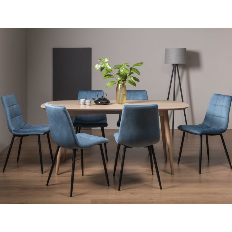 Bentley Designs Dansk Scandi Oak 6 Seater Dining Table With 6 Mondrian Petrol Blue Velvet Fabric Chairs
