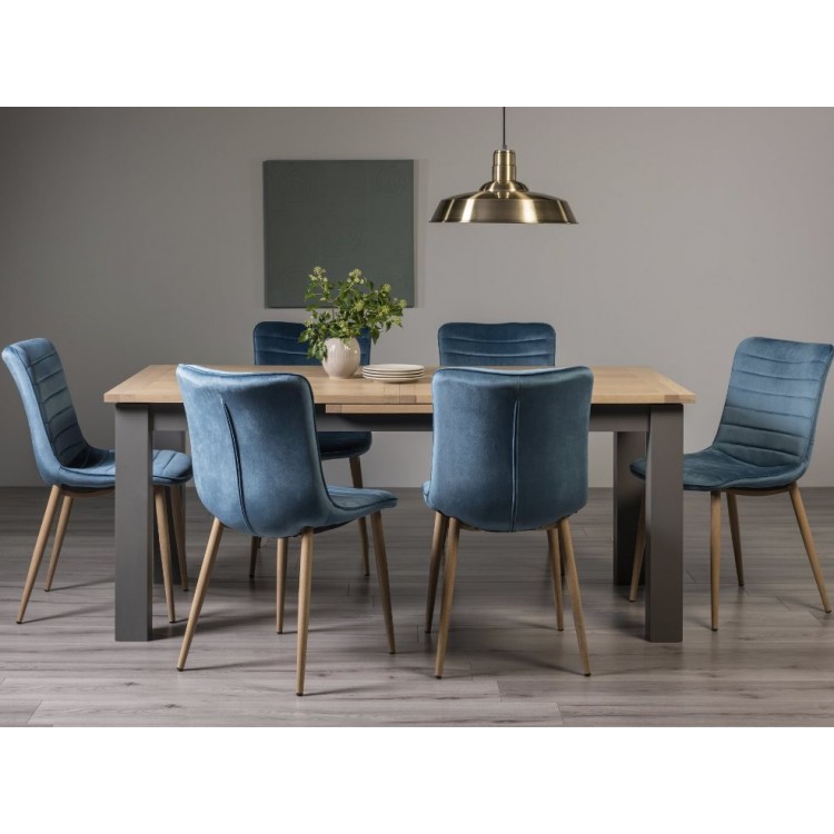 Bentley Designs Oakham Scandi Oak 6 to 8 Seater Rectangular Dining Table With 6 Eriksen Petrol Blue Velvet Fabric Chairs