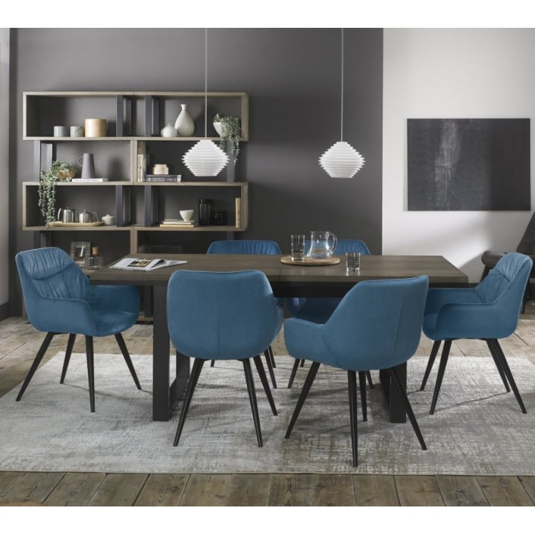Bentley Designs Tivoli Weathered Oak 6-8 Seater Dining Table With 6 Dali Petrol Blue Velvet Fabric Chairs