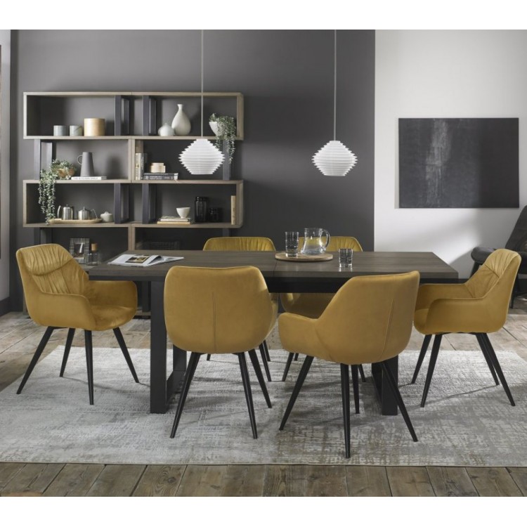 Bentley Designs Tivoli Weathered Oak 6-8 Seater Dining Table With 6 Dali Mustard Velvet Fabric Chairs