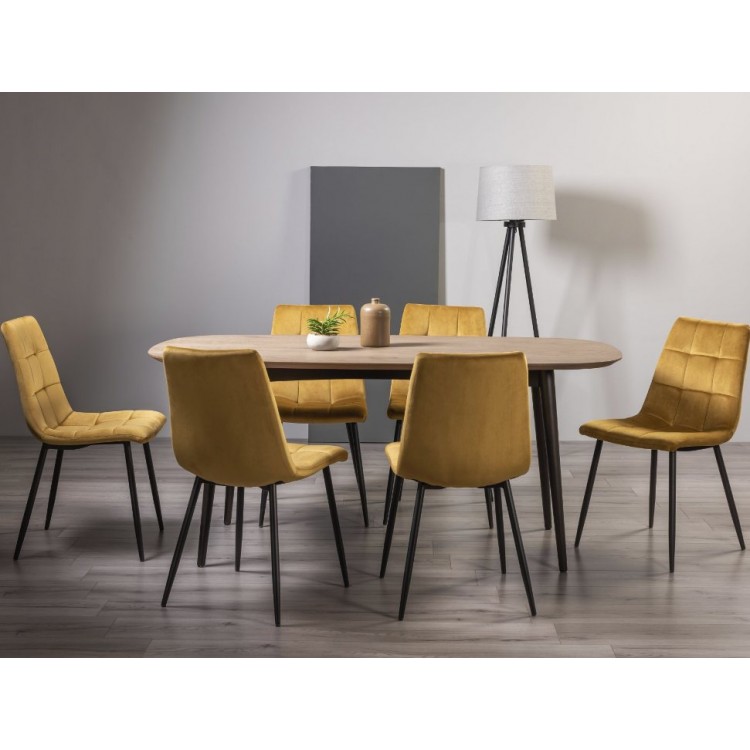 Bentley Designs Vintage Weathered Oak 6 Seater Dining Table with 6 Mondrian Mustard Velvet Fabric Chairs