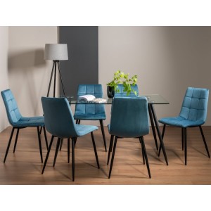 Bentley Designs Martini Clear Tempered Glass 6 Seater Dining Table With 6 Mondrian Petrol Blue Velvet Fabric Chairs Bentley Designs Martini Clear Tempered Glass 6 Seater Dining Table With 6 Mondrian Petrol Blue Velvet Fabric Chairs