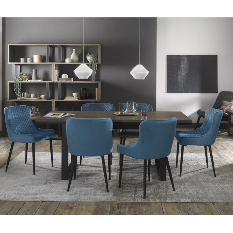 Bentley Designs Tivoli Weathered Oak 6-8 Seater Dining Table With 6 Cezanne Petrol Blue Velvet Fabric Chairs