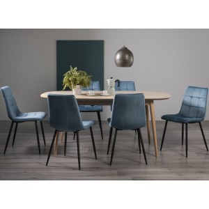 Bentley Designs Dansk Scandi Oak 6-8 Seater Oval Dining Table With 6 Mondrian Petrol Blue Velvet Fabric Chairs Bentley Designs Dansk Scandi Oak 6-8 Seater Oval Dining Table With 6 Mondrian Petrol Blue Velvet Fabric Chairs