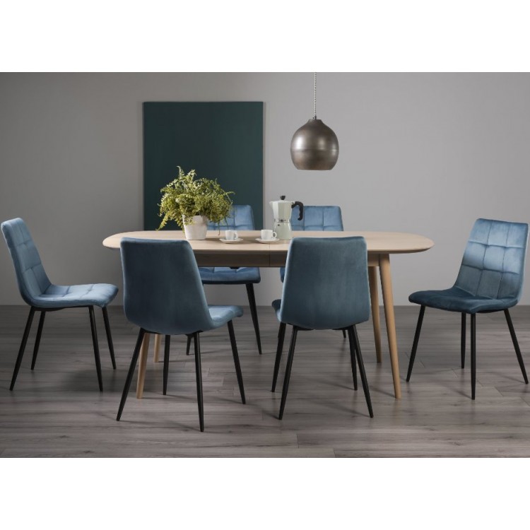Bentley Designs Dansk Scandi Oak 6-8 Seater Oval Dining Table With 6 Mondrian Petrol Blue Velvet Fabric Chairs