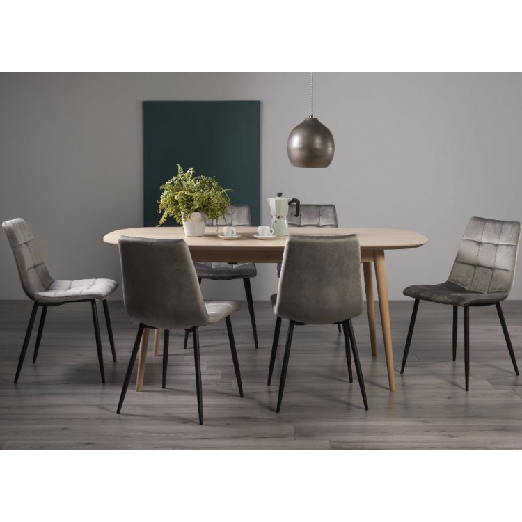 Bentley Designs Dansk Scandi Oak 6-8 Seater Oval Dining Table With 6 Mondrian Grey Velvet Fabric Chairs