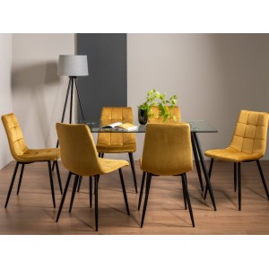 Bentley Designs Martini Clear Tempered Glass 6 Seater Dining Table With 6 Mondrian Mustard Velvet Fabric Chairs Bentley Designs Martini Clear Tempered Glass 6 Seater Dining Table With 6 Mondrian Mustard Velvet Fabric Chairs