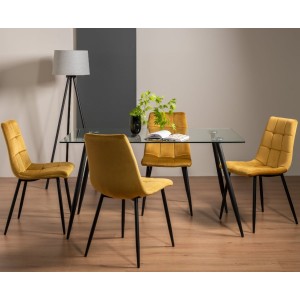 Bentley Designs Martini Clear Tempered Glass 6 Seater Dining Table With 4 Mondrian Mustard Velvet Fabric Chairs Bentley Designs Martini Clear Tempered Glass 6 Seater Dining Table With 4 Mondrian Mustard Velvet Fabric Chairs