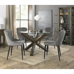 Bentley Designs Turin Clear Tempered Glass 4 Seater Dark Oak Legs Dining Table With 4 Cezanne Grey Velvet Fabric Chairs Bentley Designs Turin Clear Tempered Glass 4 Seater Dark Oak Legs Dining Table With 4 Cezanne Grey Velvet Fabric Chairs