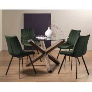 Bentley Designs Turin Clear Tempered Glass 4 Seater Dark Oak Legs Dining Table With 4 Fontana Green Velvet Fabric Chairs Bentley Designs Turin Clear Tempered Glass 4 Seater Dark Oak Legs Dining Table With 4 Fontana Green Velvet Fabric Chairs