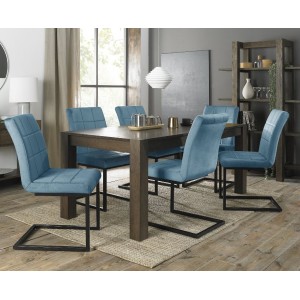 Bentley Designs Turin Dark Oak 6 to10 Seater Dining Table With 6 Lewis Petrol Blue Velvet Cantilever Chairs