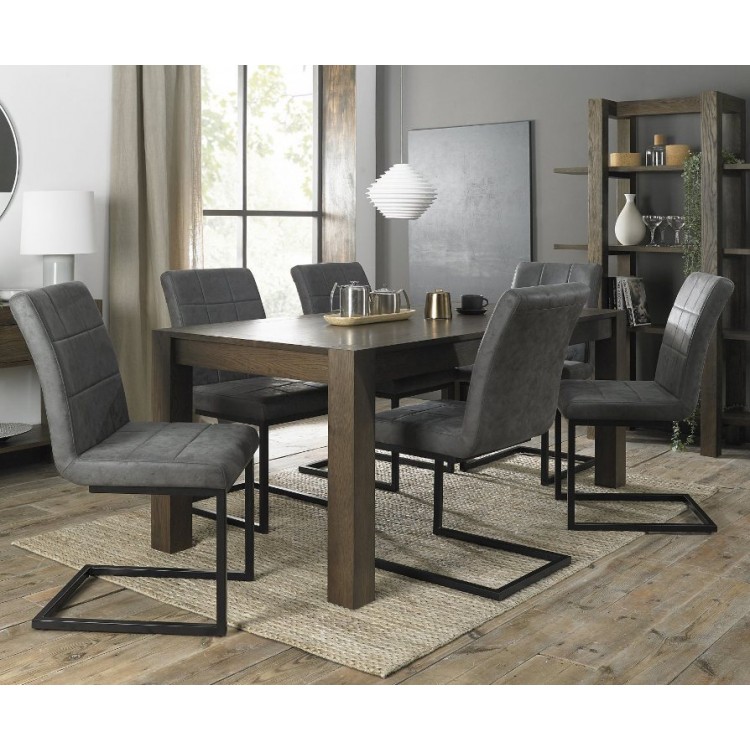 Bentley Designs Turin Dark Oak 6 to10 Seater Dining Table With 6 Lewis Distressed Dark Grey Fabric Cantilever Chairs