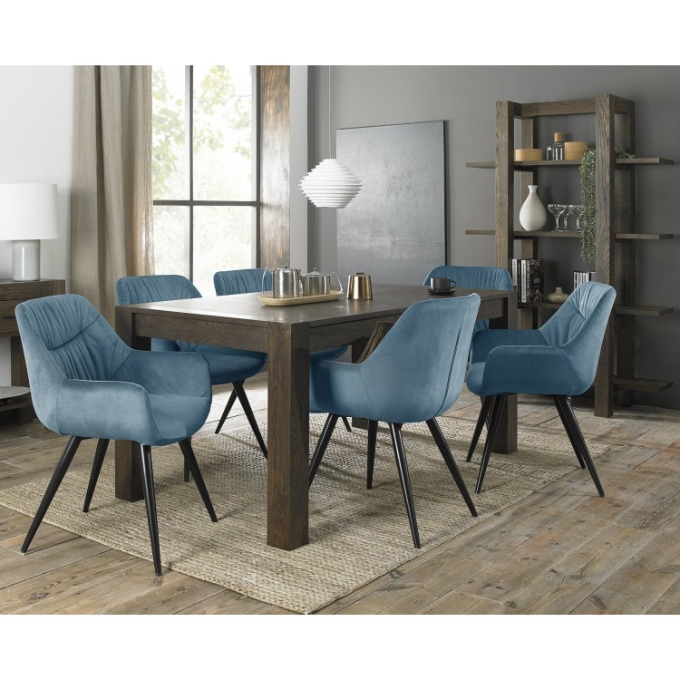 Bentley Designs Turin Dark Oak 6-8 Seater Dining Table With 6 Dali Petrol Blue Velvet Fabric Chairs