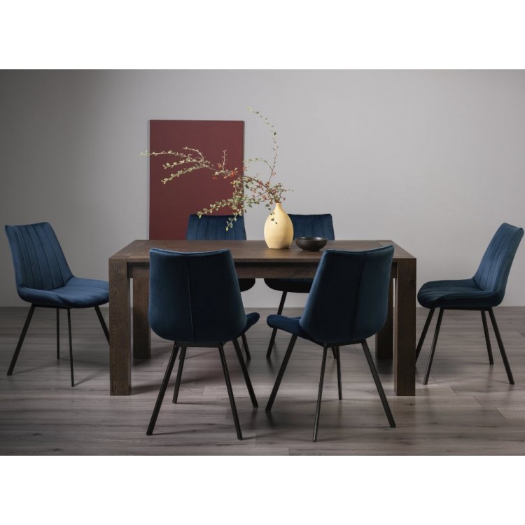 Bentley Designs Turin Dark Oak 6 to 8 Seater Dining Table With 6 Fontana Blue Velvet Fabric Chairs
