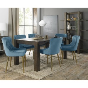 Bentley Designs Turin Dark Oak 6 to 8 Seater Dining Table With 6 Cezanne Petrol Blue Velvet Gold Plated Legs Chairs Bentley Designs Turin Dark Oak 6 to 8 Seater Dining Table With 6 Cezanne Petrol Blue Velvet Gold Plated Legs Chairs