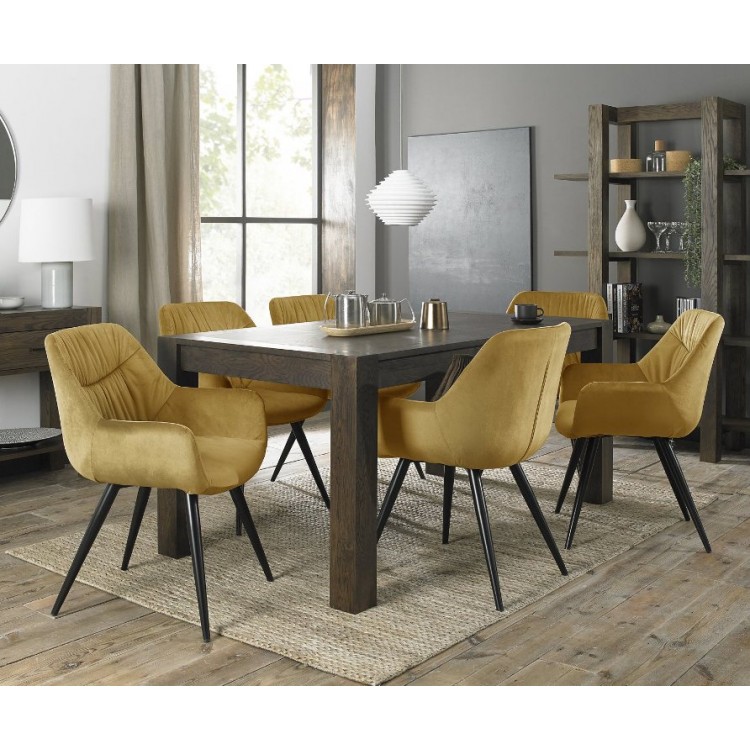 Bentley Designs Turin Dark Oak 6-8 Seater Dining Table With 6 Dali Mustard Velvet Fabric Chairs