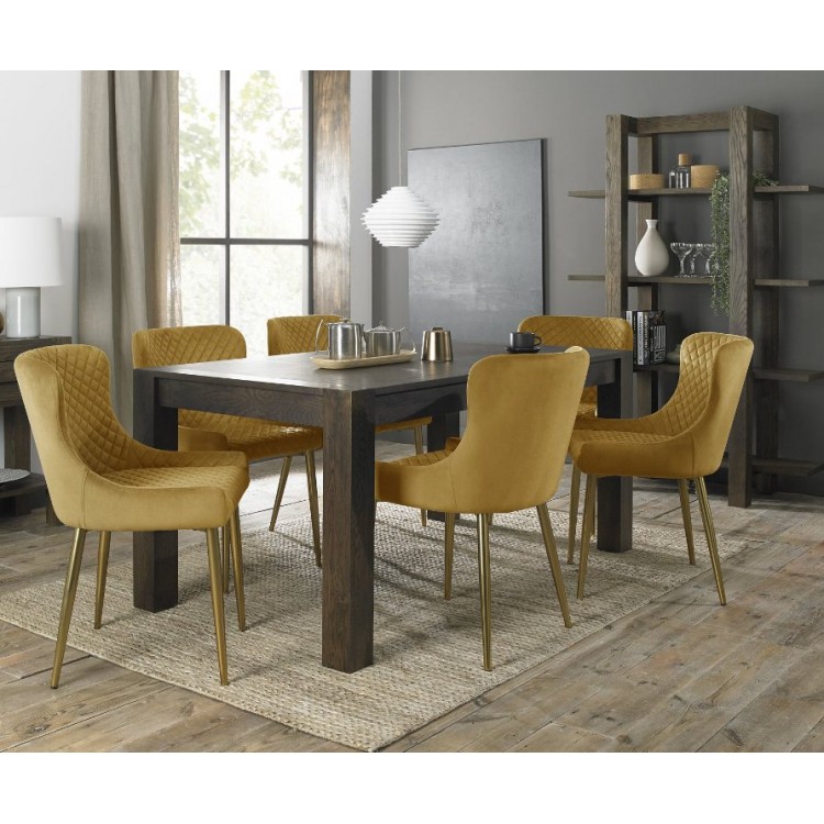 Bentley Designs Turin Dark Oak 6 to 8 Seater Dining Table With 6 Cezanne Mustard Velvet Gold Plated Legs Chairs