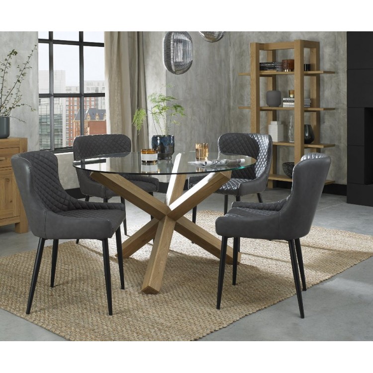 Bentley Designs Turin Clear Tempered Glass 4 Seater Light Oak Legs Dining Table With 4 Cezanne Dark Grey Faux Leather Chairs