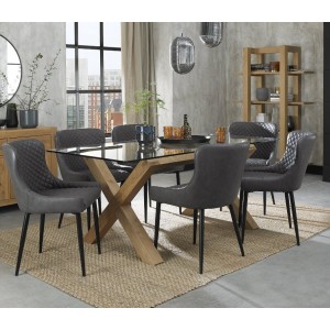 Bentley Designs Turin Clear Tempered Glass 6 Seater Light Oak Legs Dining Table With 6 Cezanne Dark Grey Faux Leather Chairs Bentley Designs Turin Clear Tempered Glass 6 Seater Light Oak Legs Dining Table With 6 Cezanne Dark Grey Faux Leather Chairs