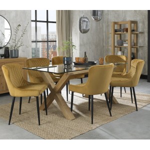 Bentley Designs Turin Clear Tempered Glass 6 Seater Light Oak Legs Dining Table With 6 Cezanne Mustard Velvet Fabric Chairs Bentley Designs Turin Clear Tempered Glass 6 Seater Light Oak Legs Dining Table With 6 Cezanne Mustard Velvet Fabric Chairs