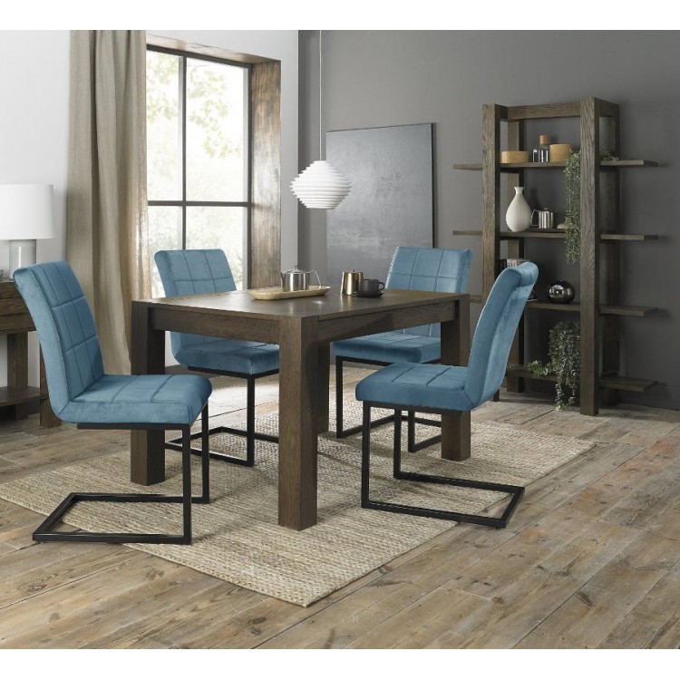 Bentley Designs Turin Dark Oak 4-6 Seater Dining Table With 4 Lewis Petrol Blue Velvet Cantilever Chairs