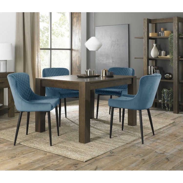 Bentley Designs Turin Dark Oak 4-6 Seater Dining Table With 4 Cezanne Petrol Blue Velvet Fabric Chairs