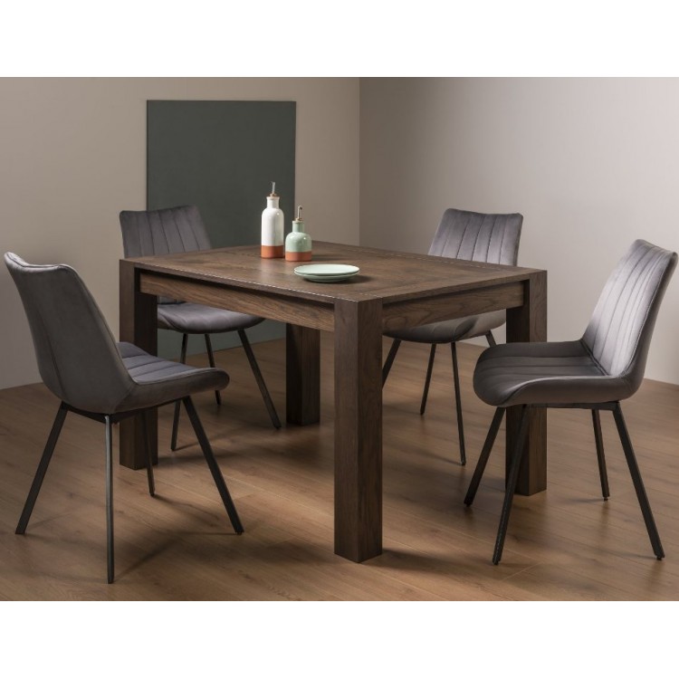 Bentley Designs Turin Dark Oak 4-6 Seater Dining Table With 4 Fontana Grey Velvet Fabric Chairs