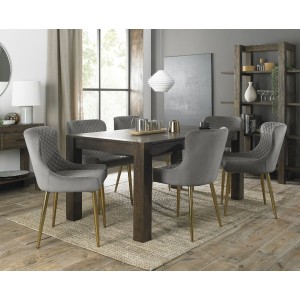 Bentley Designs Turin Dark Oak 6-8 Seater Dining Table With 6 Cezanne Grey Velvet Gold Plated Legs Chairs Bentley Designs Turin Dark Oak 6-8 Seater Dining Table With 6 Cezanne Grey Velvet Gold Plated Legs Chairs