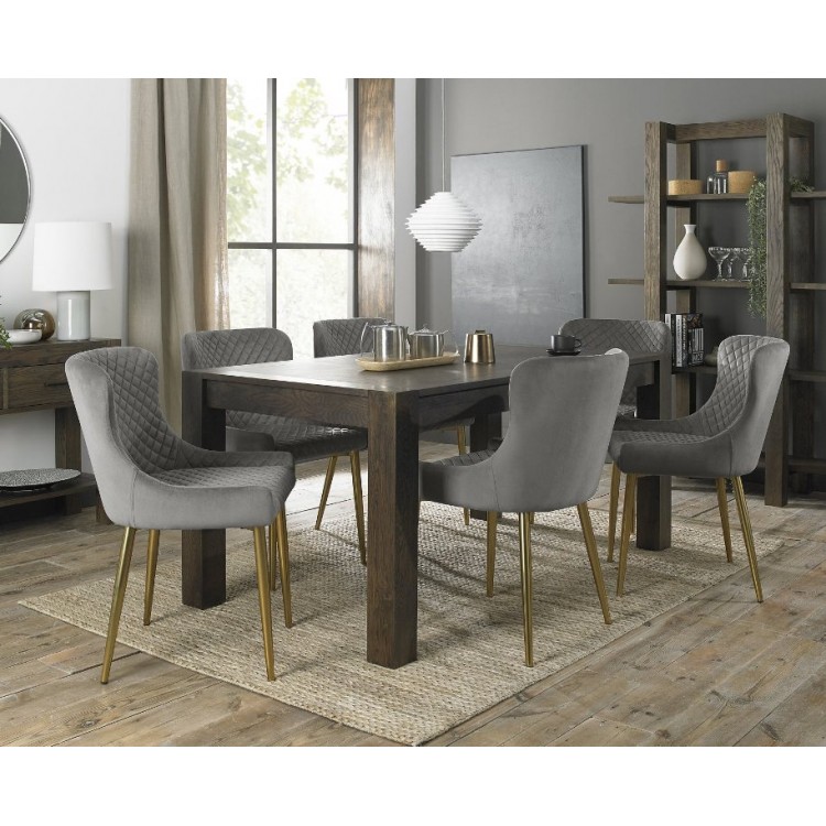 Bentley Designs Turin Dark Oak 6-8 Seater Dining Table With 6 Cezanne Grey Velvet Gold Plated Legs Chairs