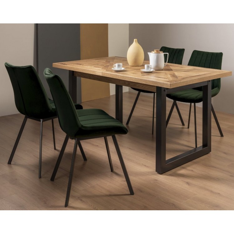 Bentley Designs Indus Rustic Oak 4-6 Seater Dining Table with 4 Fontana Green Velvet Fabric Chairs