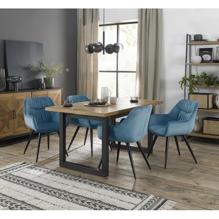 Bentley Designs Indus Rustic Oak 4-6 Seater Dining Table with 4 Dali Petrol Blue Velvet Fabric Chairs