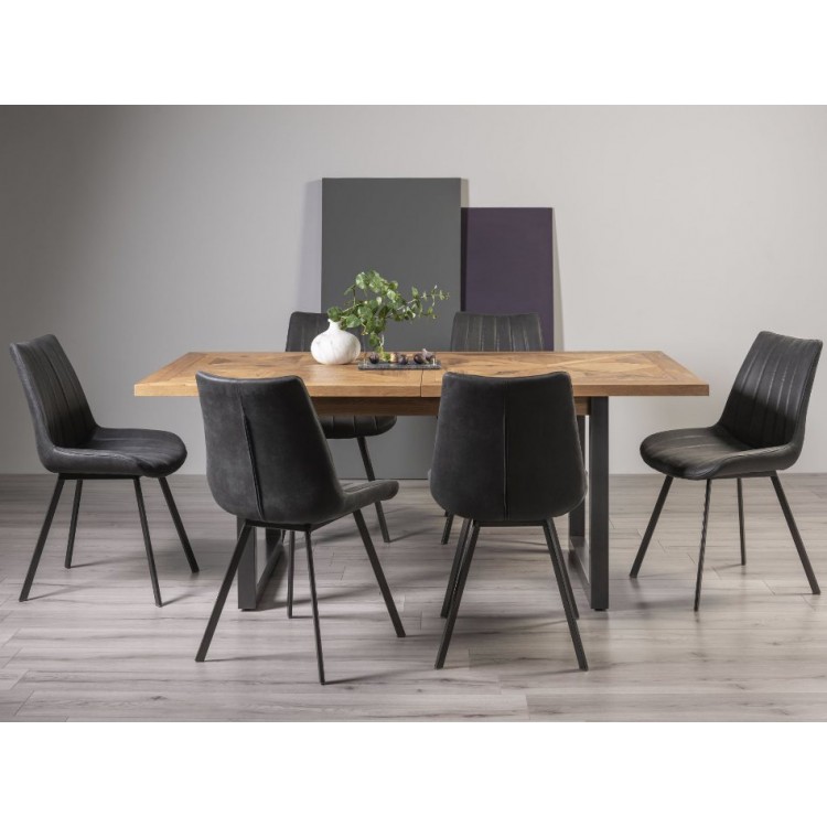 Bentley Designs Indus Rustic Oak 6-8 Seater Dining Table With 6 Fontana Dark Grey Faux Suede Fabric Chairs