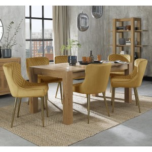 Bentley Designs Turin Light Oak 6-8 Seater Dining Table With 6 Cezanne Mustard Velvet Matt Gold Plated Legs Chairs Bentley Designs Turin Light Oak 6-8 Seater Dining Table With 6 Cezanne Mustard Velvet Matt Gold Plated Legs Chairs