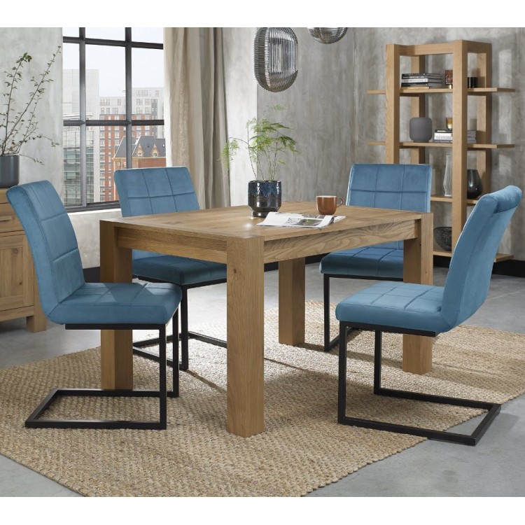 Bentley Designs Turin Light Oak 4-6 Seater Rectangular Dining Table With 4 Lewis Petrol Blue Velvet Cantilever Chairs