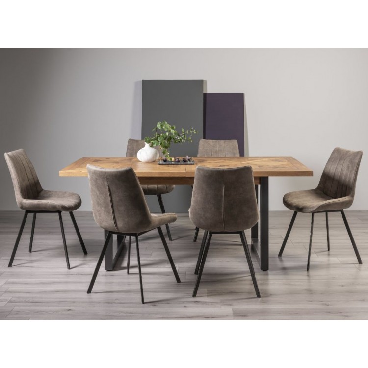 Bentley Designs Indus Rustic Oak 6-8 Seater Dining Table With 6 Fontana Tan Faux Suede Fabric Chairs