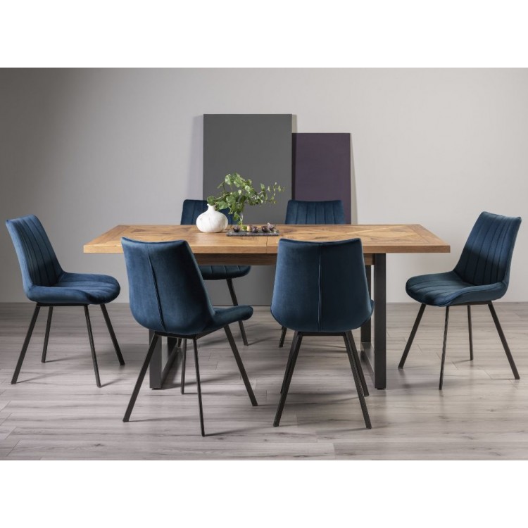 Bentley Designs Indus Rustic Oak 6-8 Seater Dining Table With 6 Fontana Blue Velvet Fabric Chairs